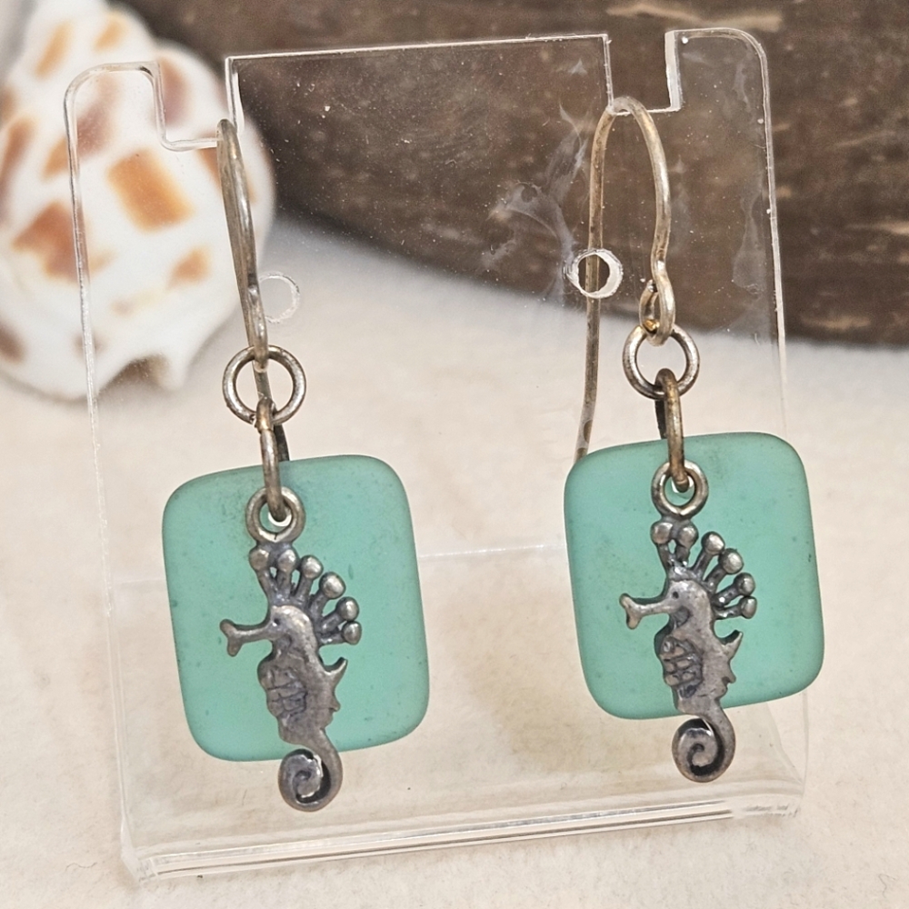 Handmade 925 Seahorse Sterling Silver Green Beach Glass Earrings